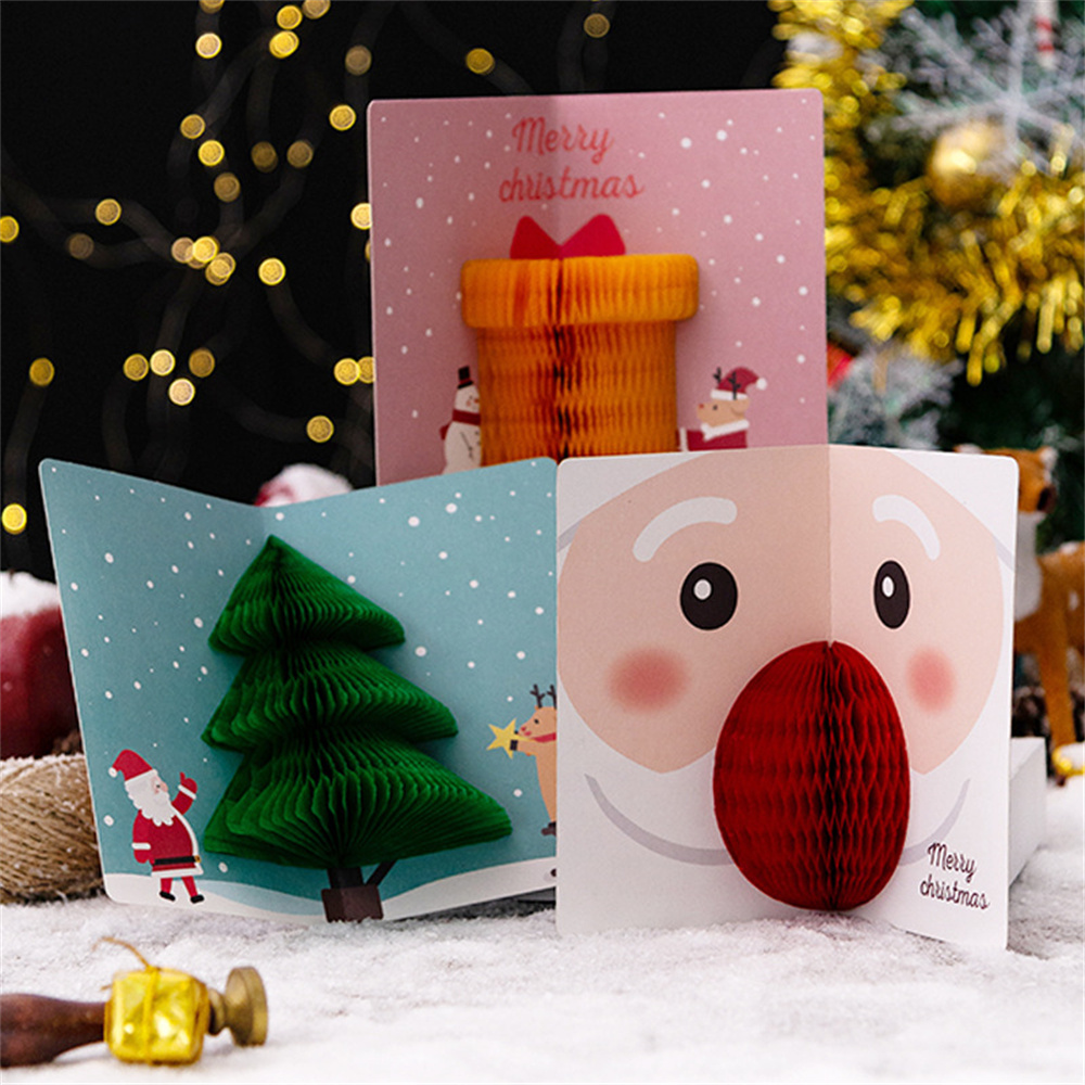 Cute 3D Merry Christmas Card with Envelope Cartoon Santa Claus Snowman